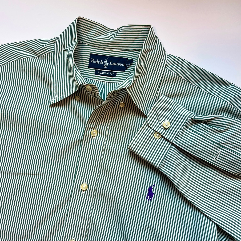 Ralph Lauren Classic Fit Men’s Dress Shirt In Dark Green Stripe 15.5 Long Sleeve